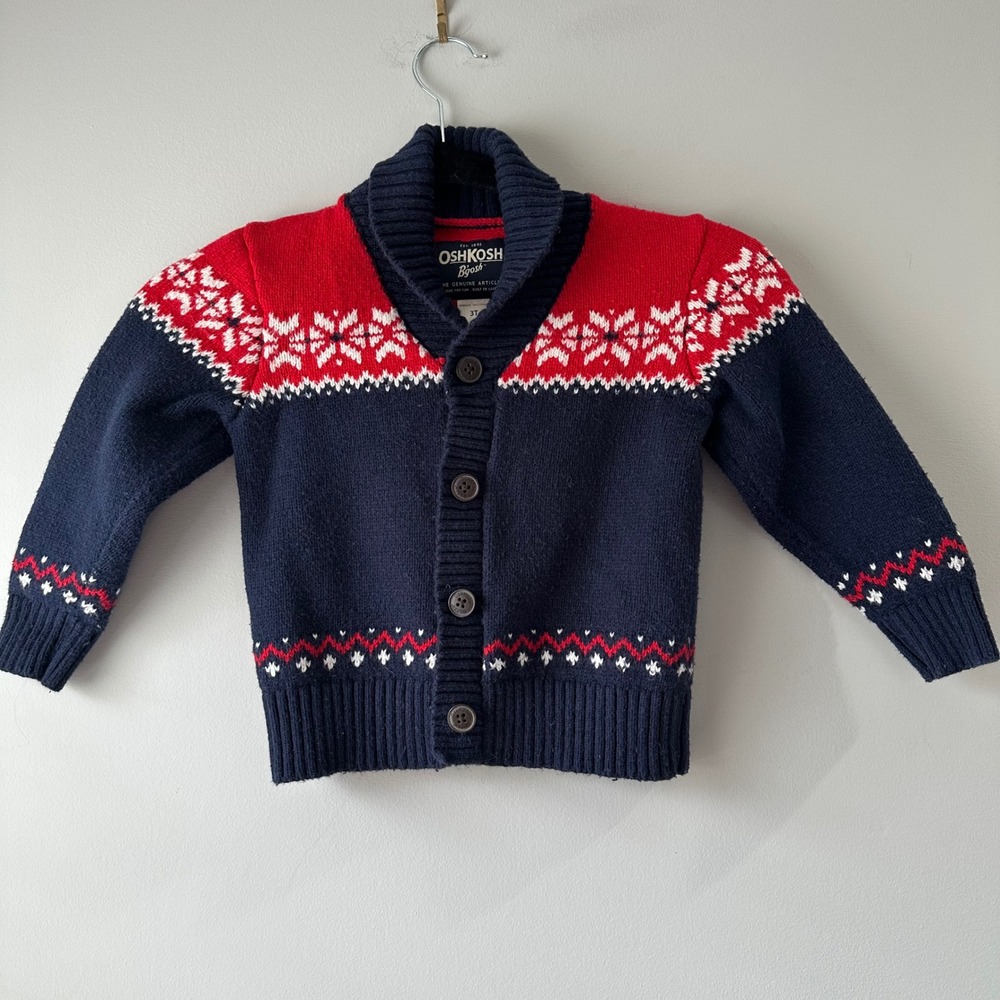 OshKosh B'gosh Kids Navy‎ Red Snowflake Fair Isle Cardigan Sweater 3T